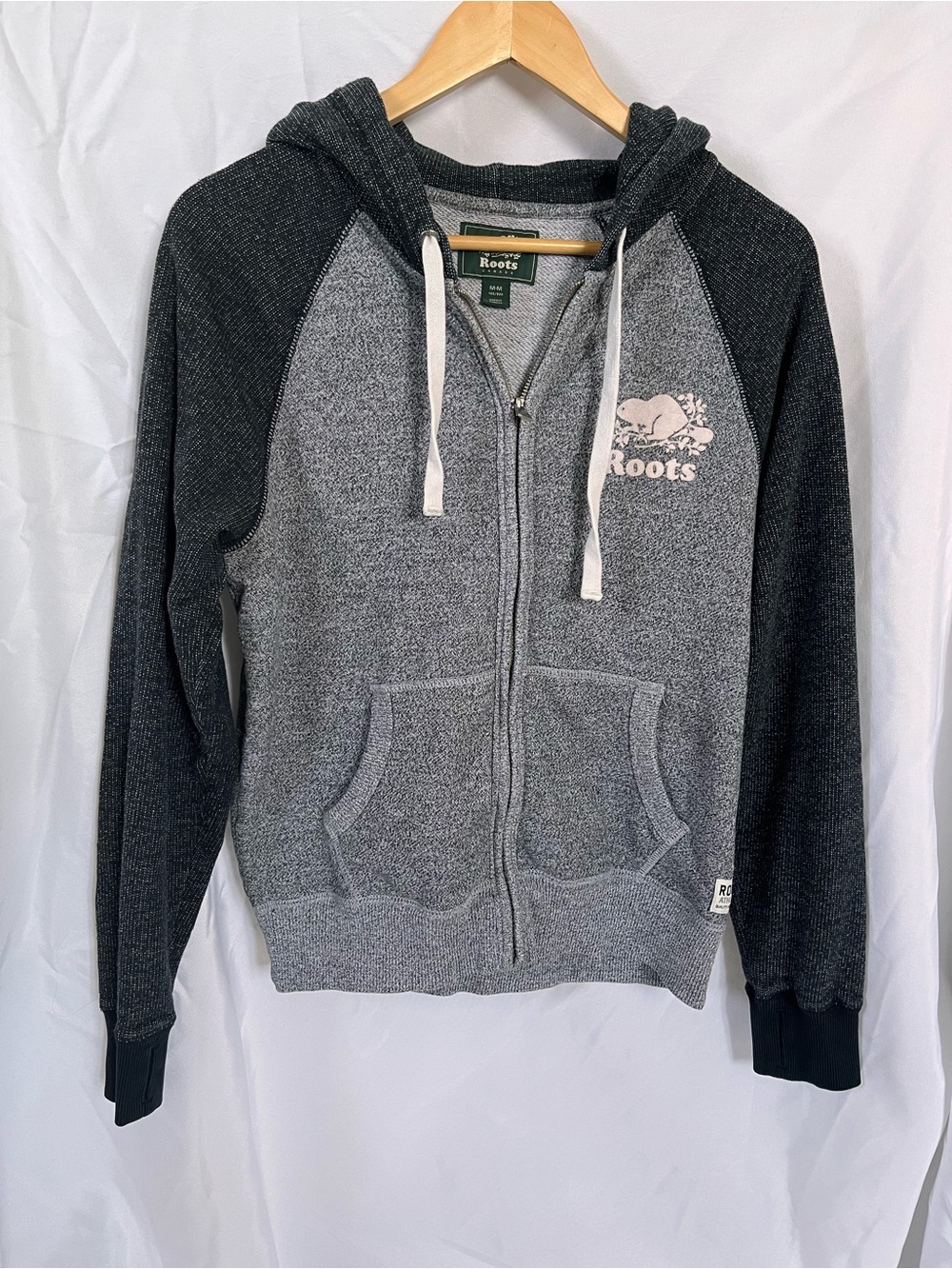 Roots Charcoal and Light Gray Two-Tone Zip-Up Hoodie with White Drawcords